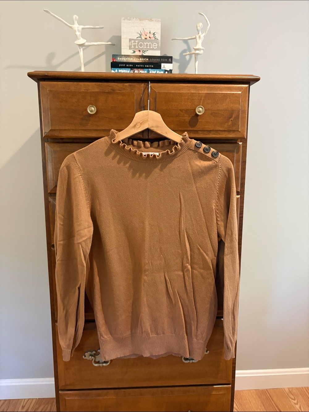 LOFT Outlet Camel Ruffle Neck Sweater with Button Shoulder Detail